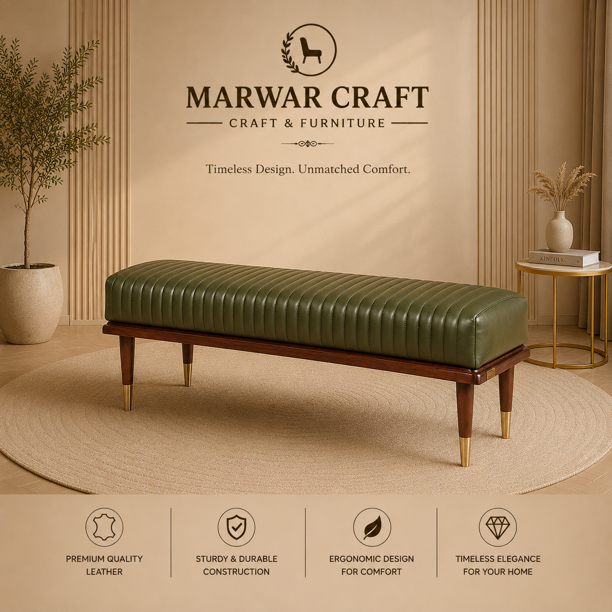 The Verona Bench – Premium Olive Green Leather Accent Bench with Solid Wood Frame