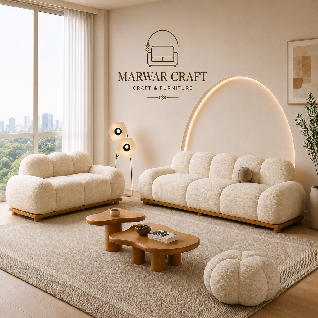 The Cloud Arc Modular Ensemble – Premium Cream Bouclé Sofa, Loveseat &amp; Pumpkin Ottoman Set