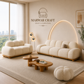 The Cloud Arc Modular Ensemble – Premium Cream Bouclé Sofa, Loveseat &amp; Pumpkin Ottoman Set
