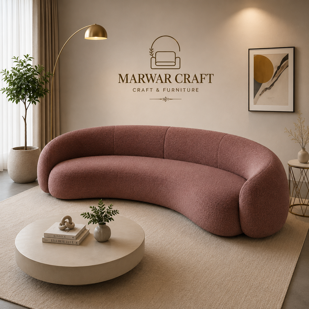 The Serene Arc Curved Sofa – Premium Dusty Pink Bouclé Organic Lounge Couch