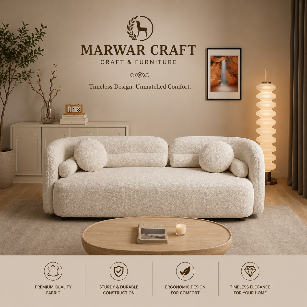 The Arc Cloud Sofa – Premium Cream Bouclé Curved 3-Seater Couch with Solid Wood Legs