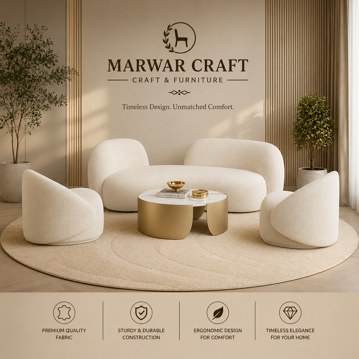 The Crescent Petal Bouclé Sofa Set – Premium Cream Curved 3-Seater Couch &amp; Accent Swivel Chairs