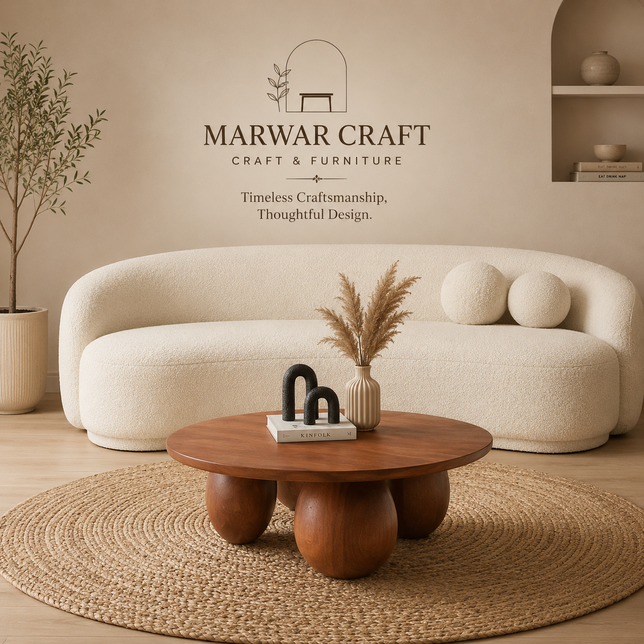 Takai Round Solid Wood Coffee Table in Red Cedar Finish - Marwar Craft & Furiniture