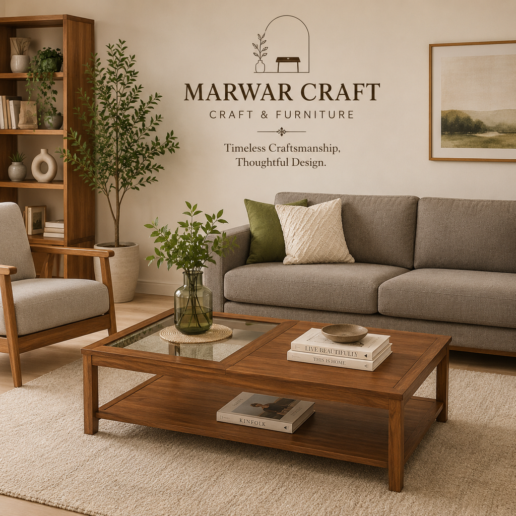 Fujiwara Rectangular Solid Wood Coffee Table In Amber Walnut Finish - Marwar Craft & Furiniture