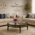 Cayman Round Glasstop Coffee Table with Storage in Danish Walnut Finish - Marwar Craft & Furiniture