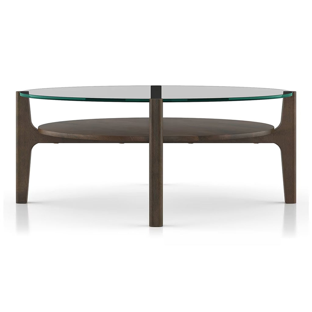 Cayman Round Glasstop Coffee Table with Storage in Danish Walnut Finish - Marwar Craft & Furiniture