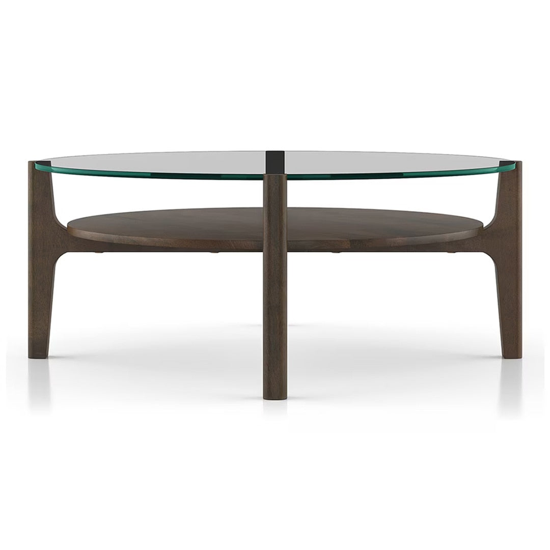 Cayman Round Glasstop Coffee Table with Storage in Danish Walnut Finish - Marwar Craft & Furiniture