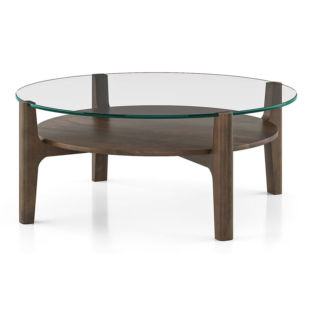 Cayman Round Glasstop Coffee Table with Storage in Danish Walnut Finish - Marwar Craft & Furiniture