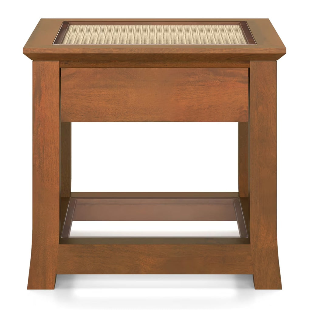 Fujiwara Solid Wood And Cane Bedside Table In Amber Walnut Finish - Marwar Craft & Furniture