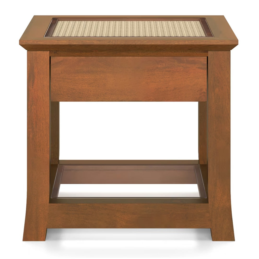 Fujiwara Solid Wood And Cane Bedside Table In Amber Walnut Finish - Marwar Craft & Furniture