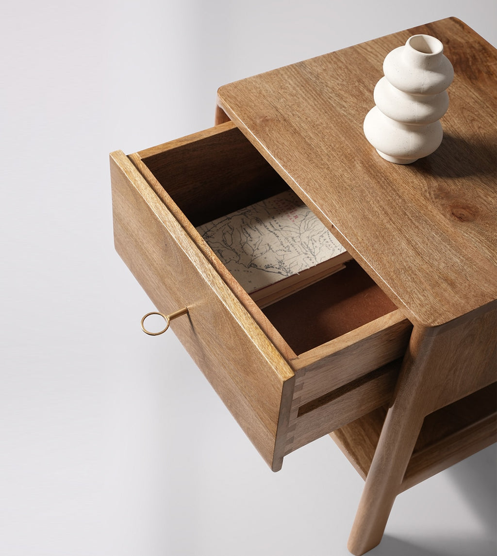 Lieaf Solid Wood Bed Side Table In Natural Finish - Woodenmood -Marwar Craft & Furniture