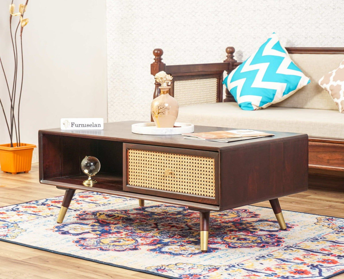 Solid Wood Rattan Cane One Drawer Coffee Table - Marwar Craft & Furniture