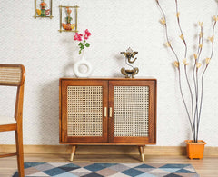 Solid Mango Wood & Rattan Cane Sideboard Cabinet | 2 Door Storage Cabinet for Living Room & Bedroom - Marwar Craft & Furniture