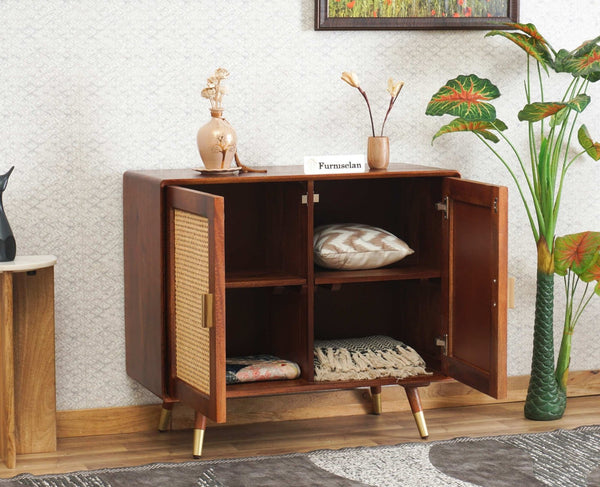 Solid Mango Wood & Rattan Cane Sideboard Cabinet | 2 Door Storage Cabinet for Living Room & Bedroom - Marwar Craft & Furniture