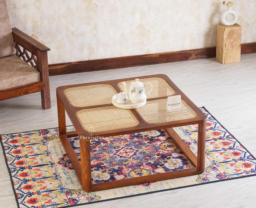 Boston Solid Wood Rattan Square Coffee Table - Marwar Craft & Furniture