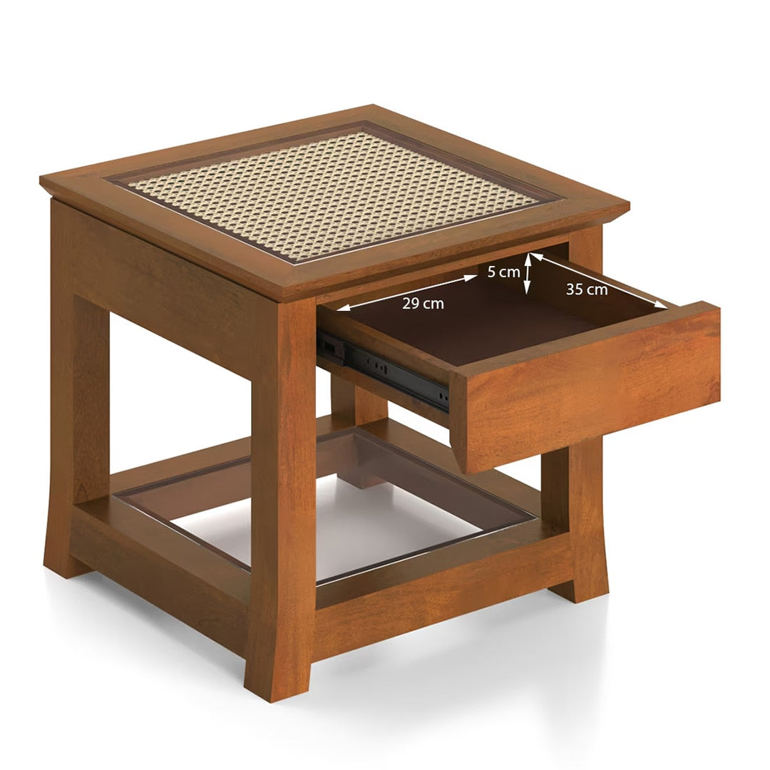 Fujiwara Solid Wood And Cane Bedside Table In Amber Walnut Finish - Marwar Craft & Furniture