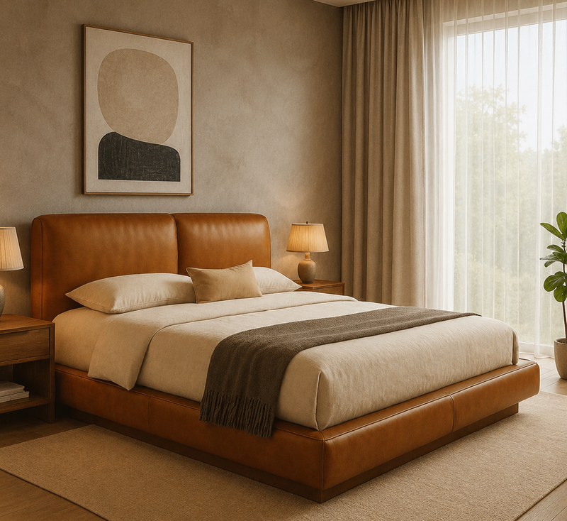 Premium Cognac Leatherette Upholstered Platform Bed – Modern Minimalist Design