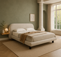 Luna Curved Bouclé Upholstered Platform Bed – Cream Textured Fabric with Sculptural Headboard