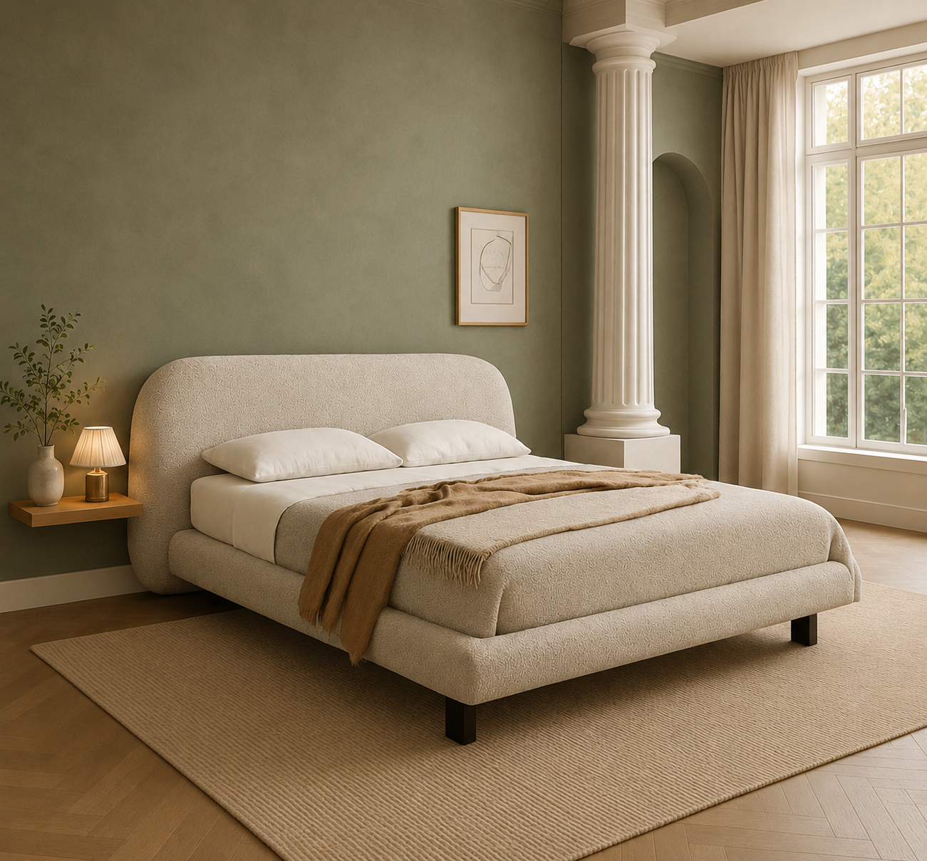 Luna Curved Bouclé Upholstered Platform Bed – Cream Textured Fabric with Sculptural Headboard