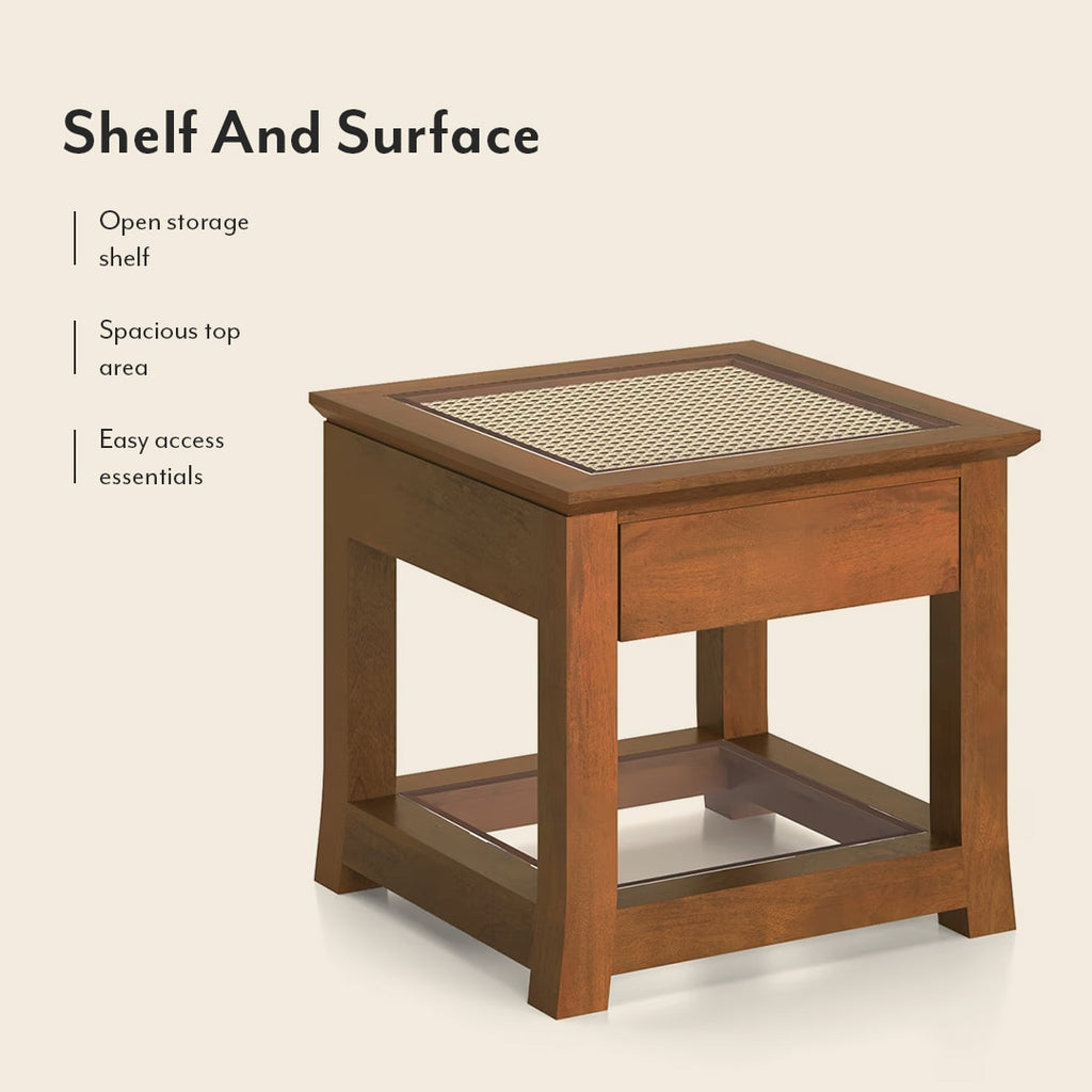 Fujiwara Solid Wood And Cane Bedside Table In Amber Walnut Finish - Marwar Craft & Furniture