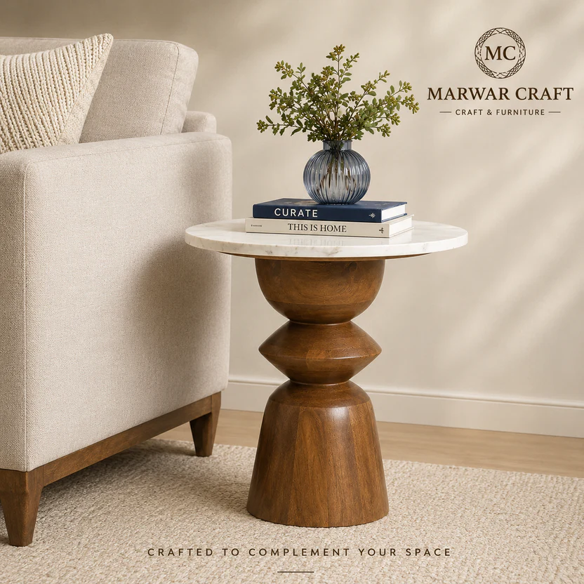 Buy Saaya Wooden Side Table - Marble Top Side Table Online | Marwar Craft & Furniture