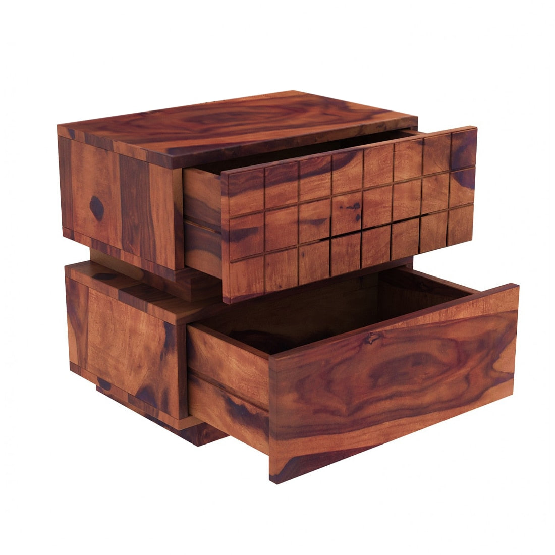 Cnc Square Solid Wood Bedside Table in Teak Finish - Marwar Craft & Furniture