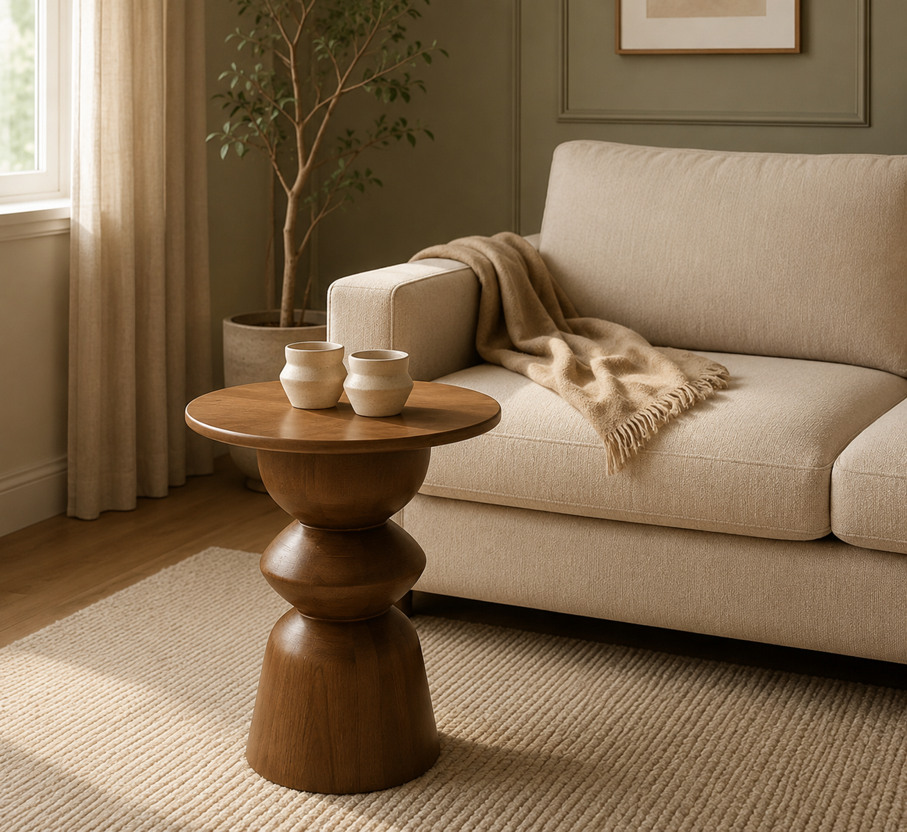 The Totem Sculptural Solid Wood Side Table – Hourglass Pedestal End Table for Living Room &amp; Bedroom