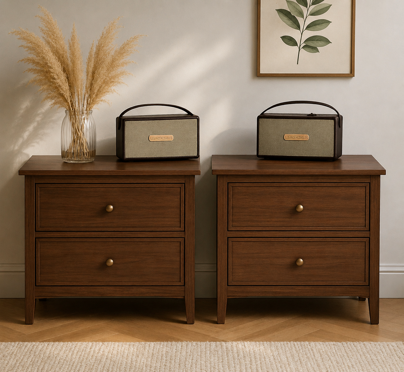 The Heritage Dual-Drawer Solid Wood Nightstand (Pair) – Premium Bedroom Bedside Table with Brass Knobs