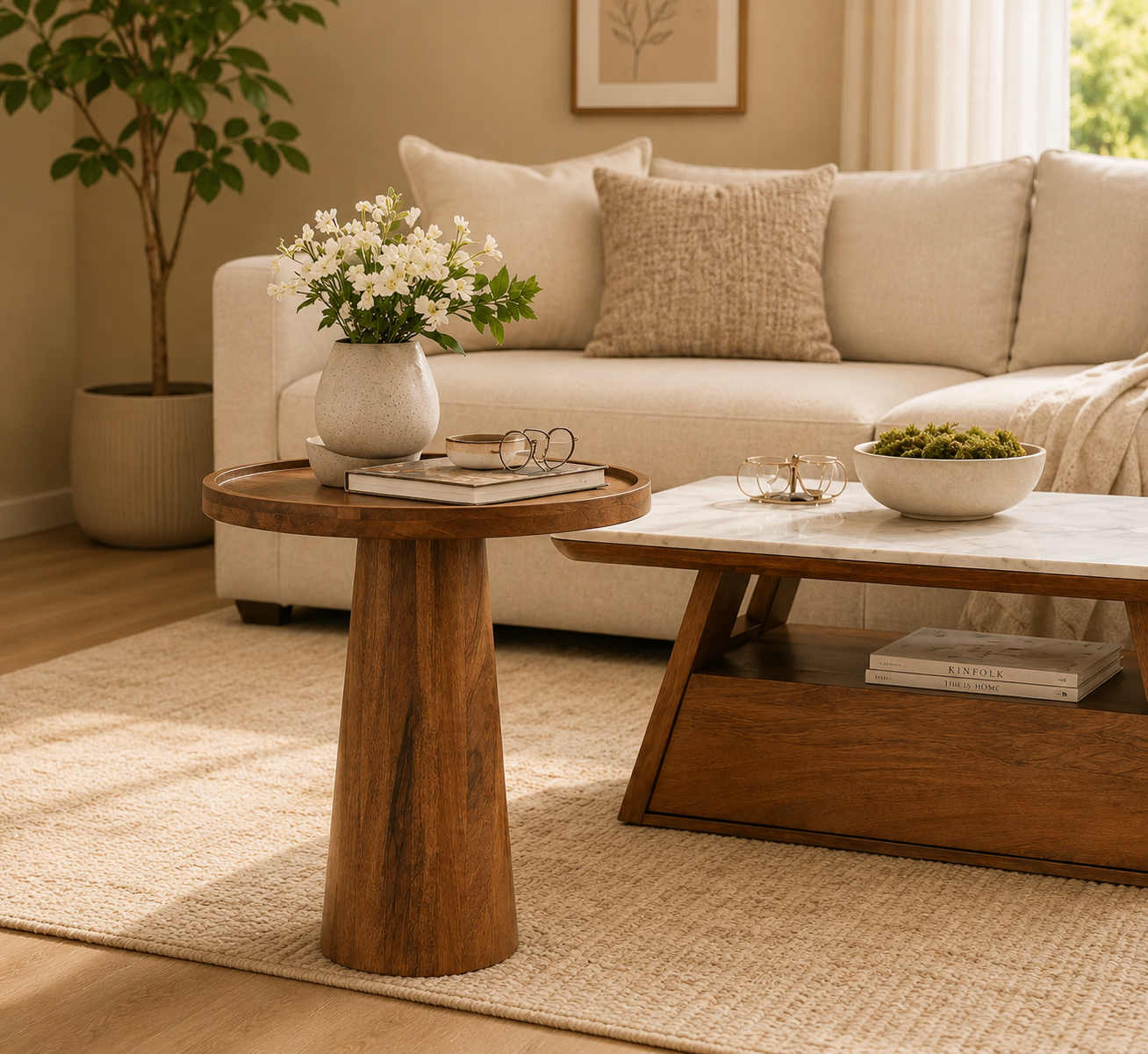 The Orb Geometric Solid Wood End Table – Sculptural Pedestal Side Table for Living Room &amp; Bedroom