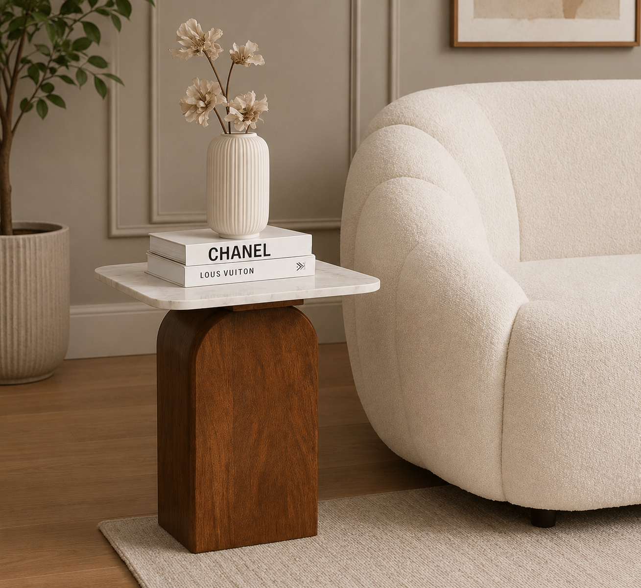 The Arch Luxury Marble-Top Side Table – Modern Solid Wood Pedestal End Table with White Marble Slab