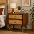 The Riviera Mid-Century Rattan Nightstand – Premium Solid Wood Bedside Table with Woven Cane Drawers