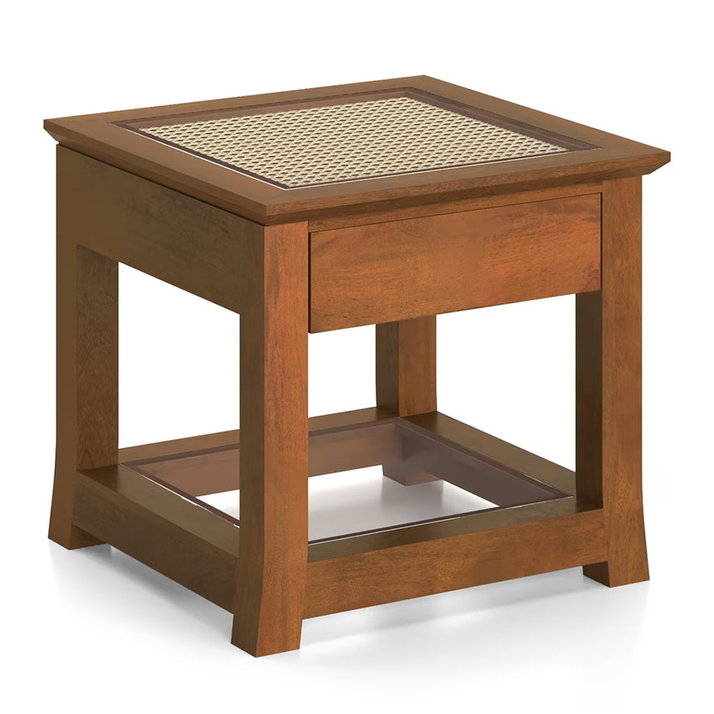 Fujiwara Solid Wood And Cane Bedside Table In Amber Walnut Finish - Marwar Craft & Furniture