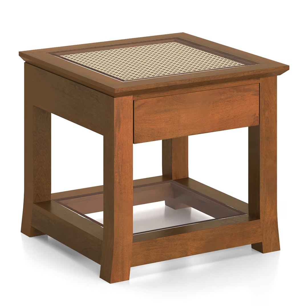 Fujiwara Solid Wood And Cane Bedside Table In Amber Walnut Finish - Marwar Craft & Furniture